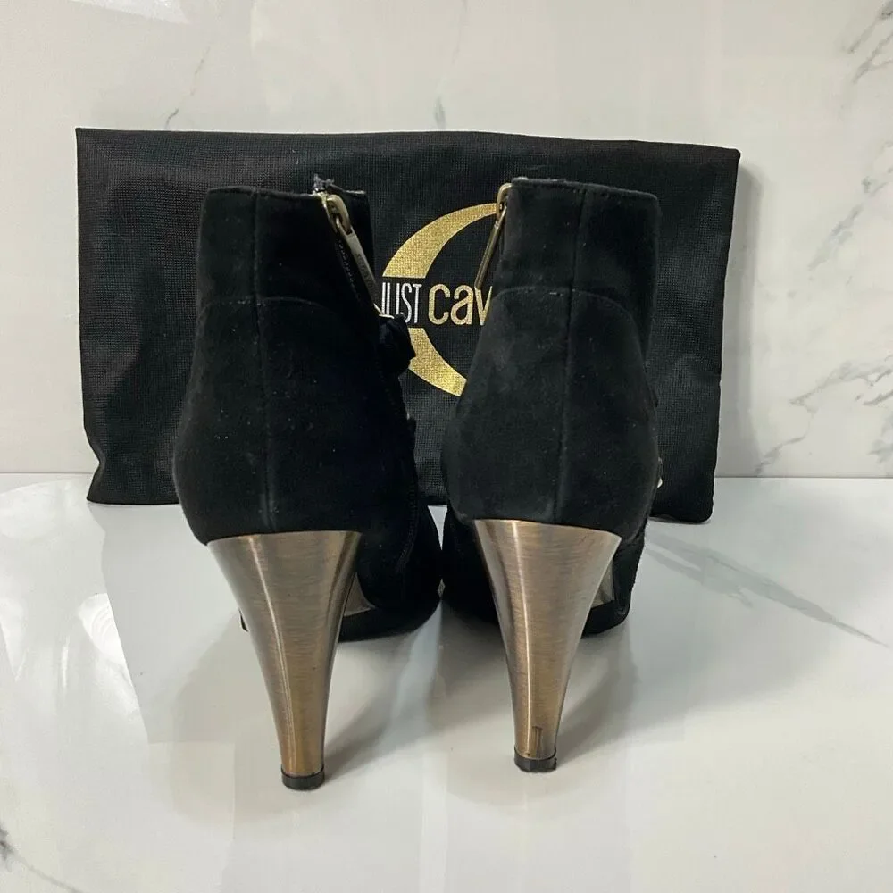JUST CAVALLI Black Suede Ankle Boots With Gold Chain Embellishment